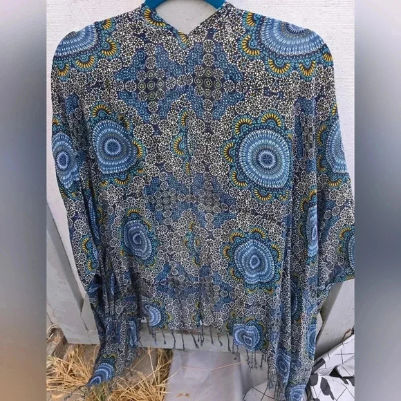 Satva Divine Kimono Blue Turquoise Sahara Print with Tassel Trim OS Free Size - Picture 2 of 9